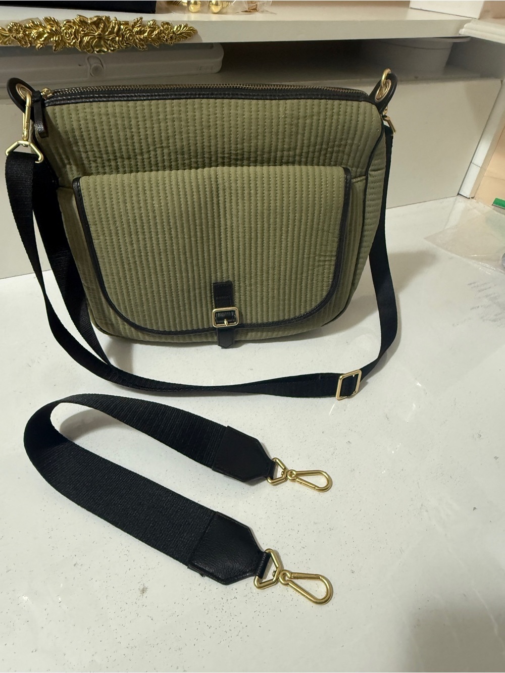 Vera Bradley Olive Green Quilted Crossbody Bag with Black Strap, removable strap